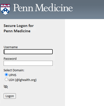 Penn Medicine secure logon form, empty username and password fields
