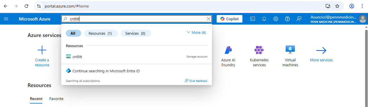 Azure portal search for cntlitt storage account