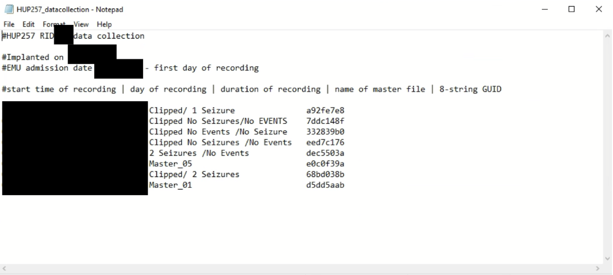 HUP257 data collection notepad; dates and times redacted, GUIDs and seizure labels visible