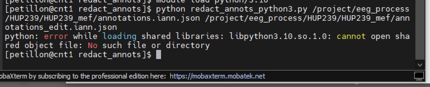 Terminal on cnt1 running redact_annots on HUP239 paths; libpython error