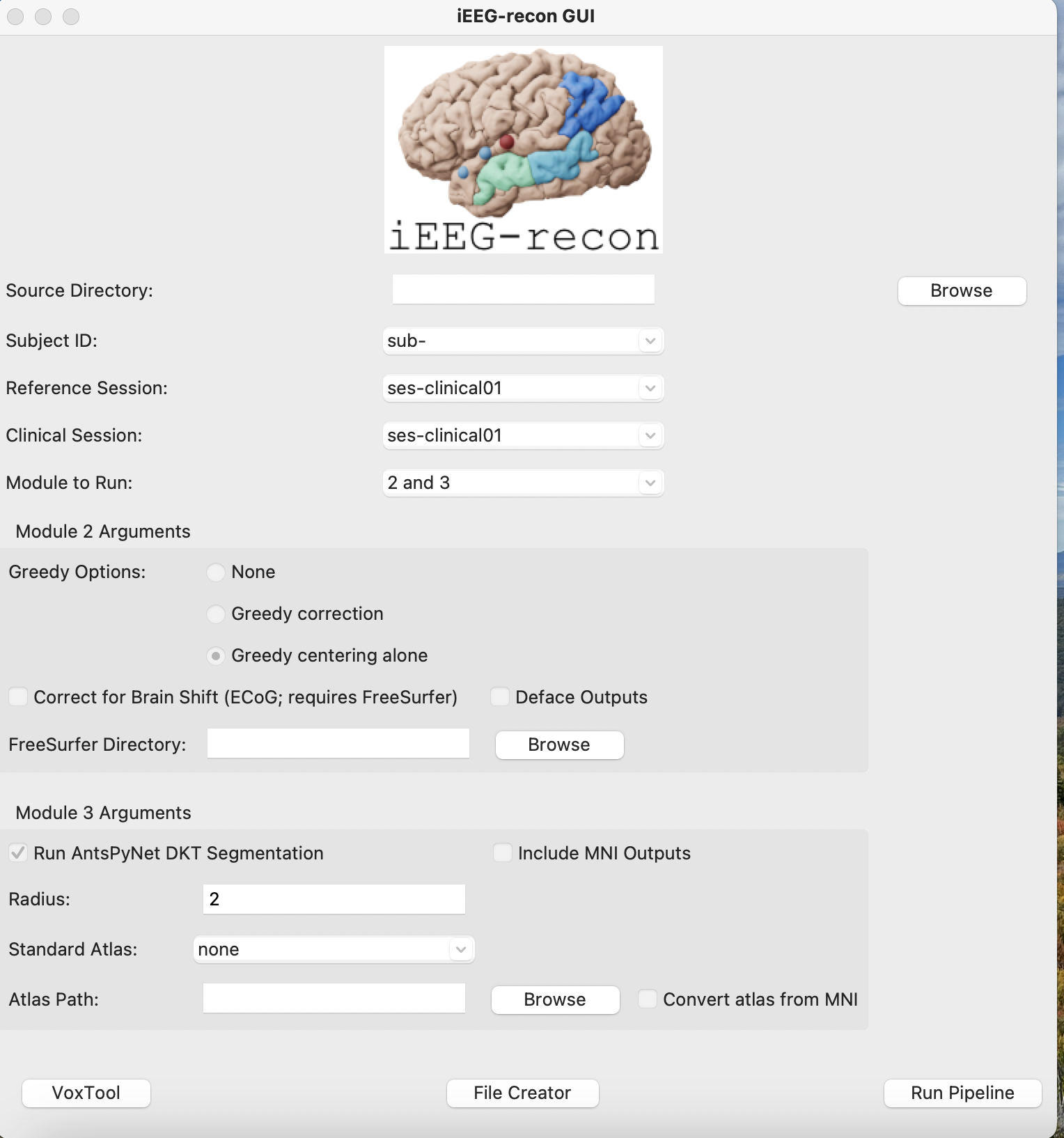 iEEG-recon GUI with empty subject fields (sub- placeholder)