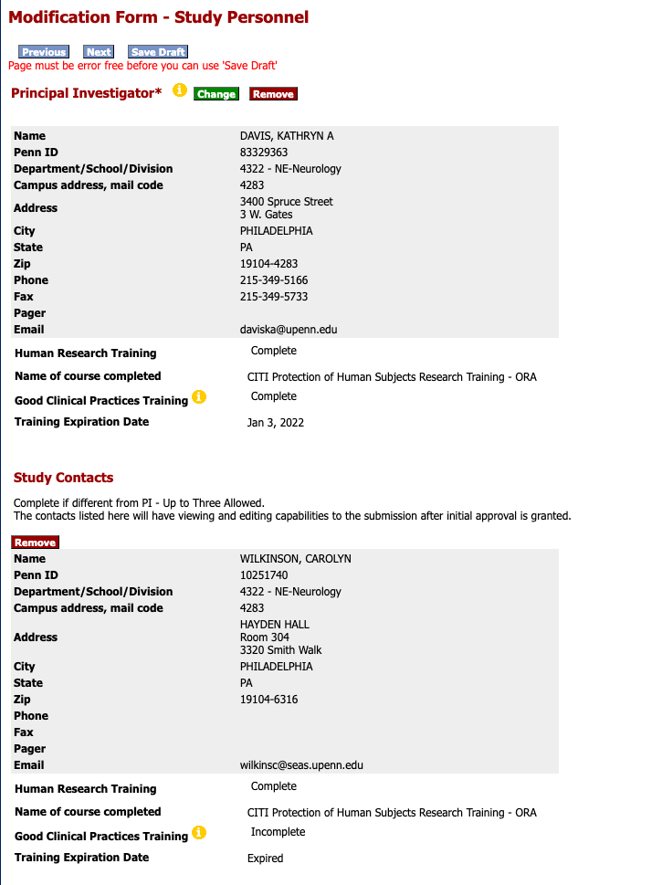 IRB Modification Form study personnel; staff names, Penn IDs, work addresses/emails